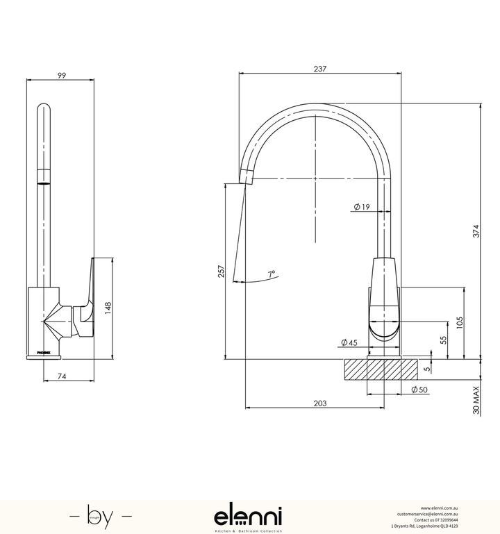 Arlo Sink Mixer 200mm Gooseneck - Lead Free - Elenni specification drawing