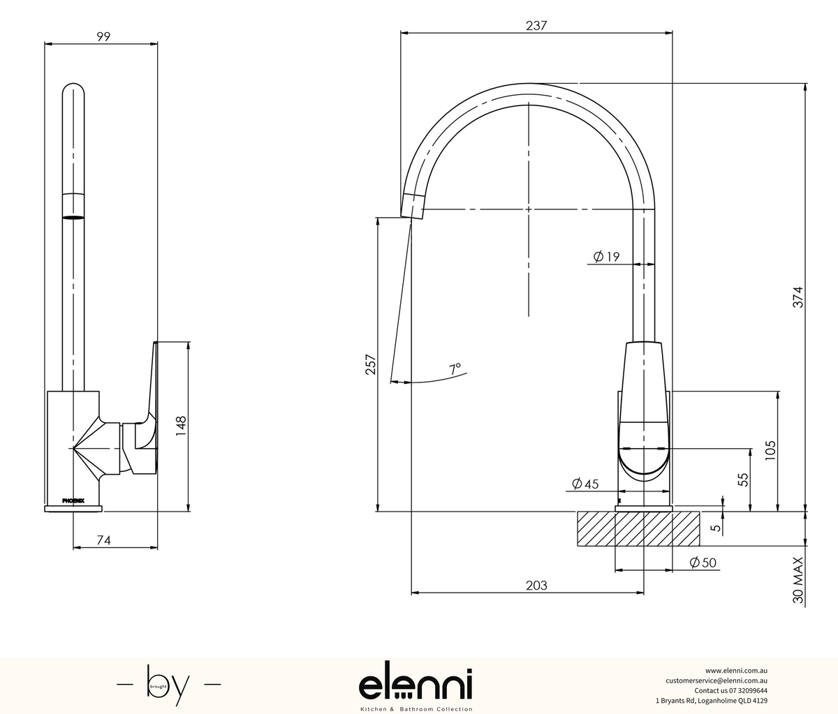 Arlo Sink Mixer 200mm Gooseneck - 6 Star - Lead Free - Elenni specification drawing