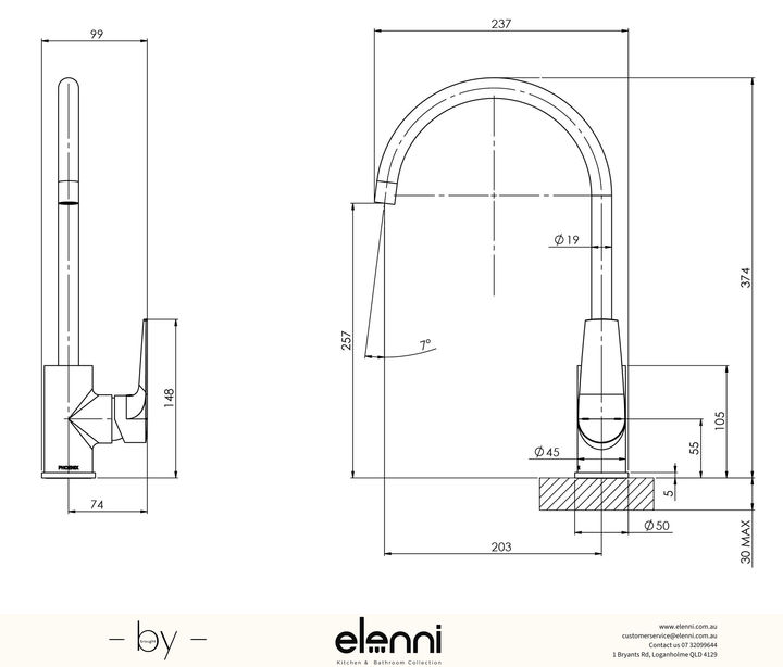 Arlo Sink Mixer 200mm Gooseneck - 6 Star - Lead Free - Elenni specification drawing