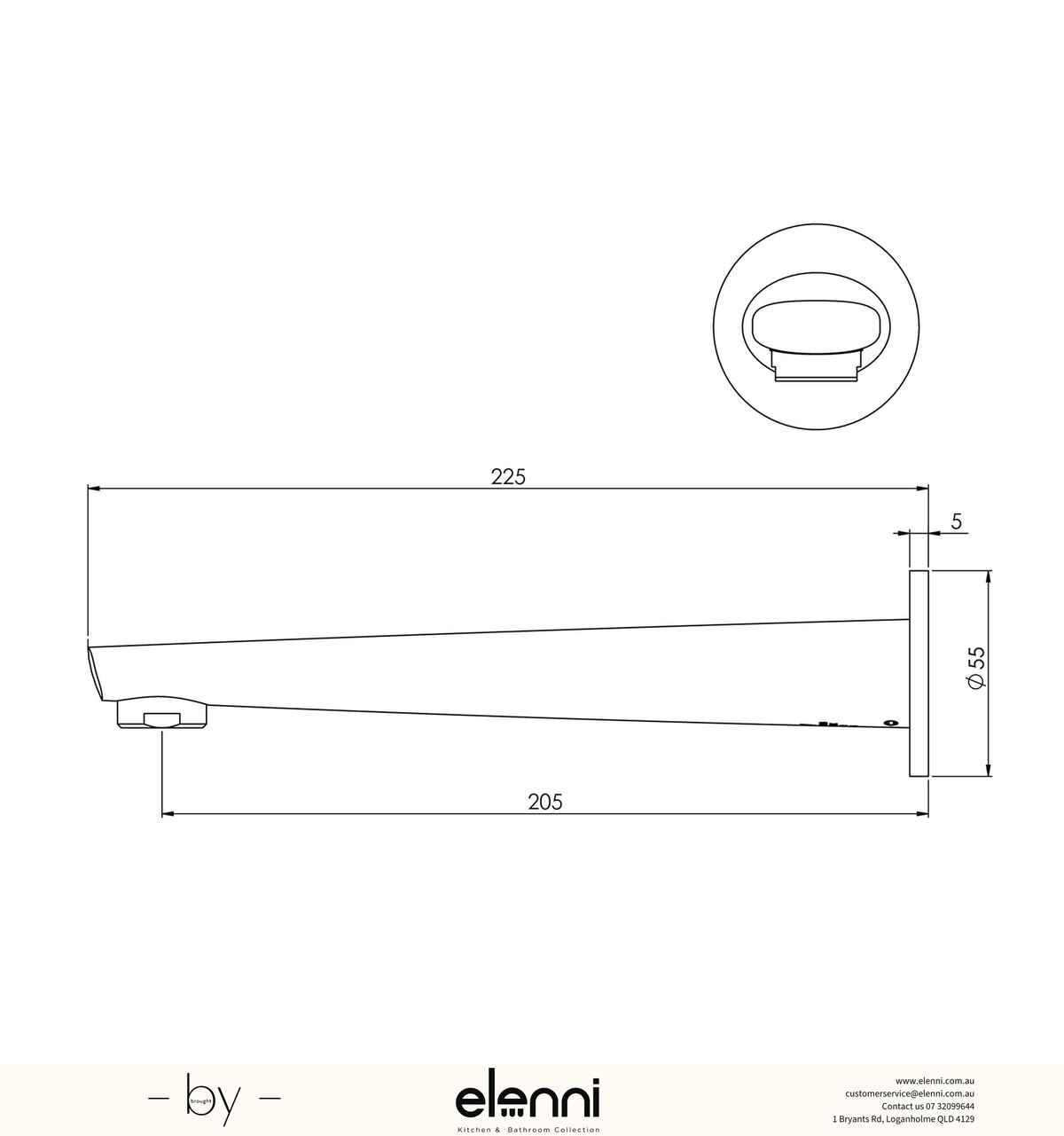 Arlo Wall Bath Outlet 200mm - Elenni specification drawing