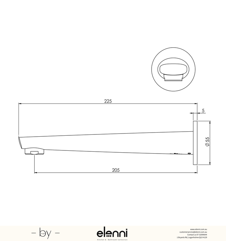 Arlo Wall Bath Outlet 200mm - Elenni specification drawing