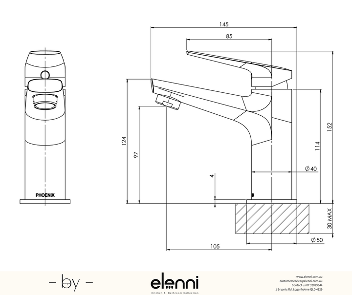 Arlo Basin Mixer - 6 Star - Lead Free - Elenni specification drawing