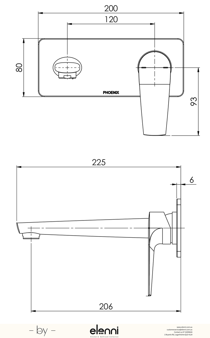 Arlo Wall Basin / Bath Mixer Set 200mm (Trim Kit Only) - 6 Star - Lead Free - Elenni specification drawing