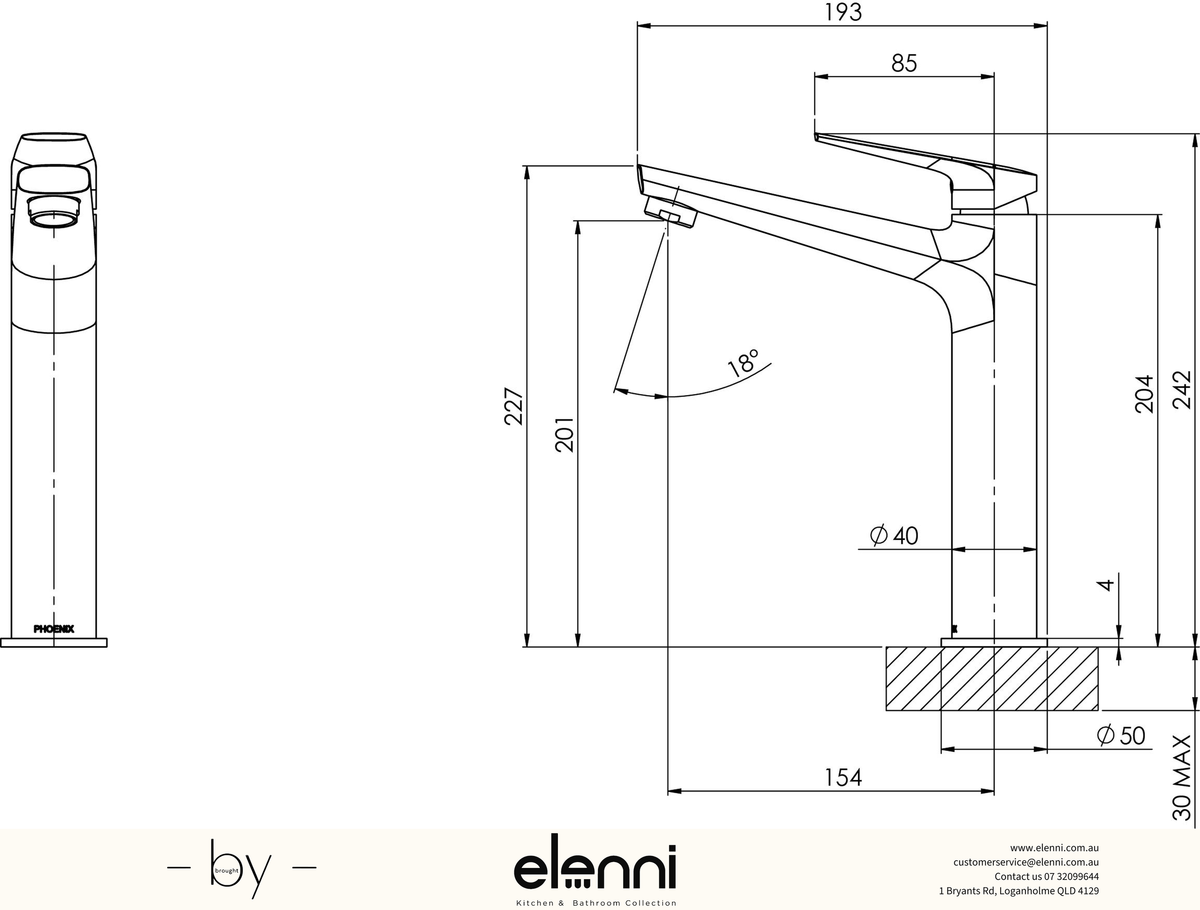 Arlo Vessel Mixer - 6 Star - Lead Free - Elenni specification drawing