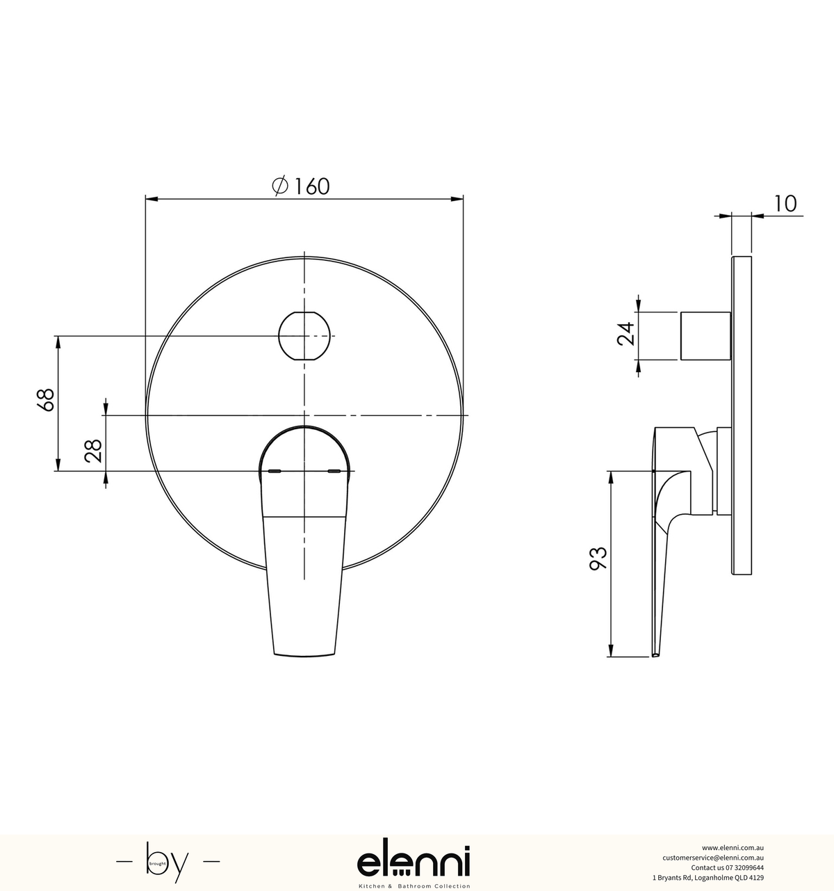 Arlo Shower / Bath Diverter Mixer (Trim Kit Only) - Elenni specification drawing