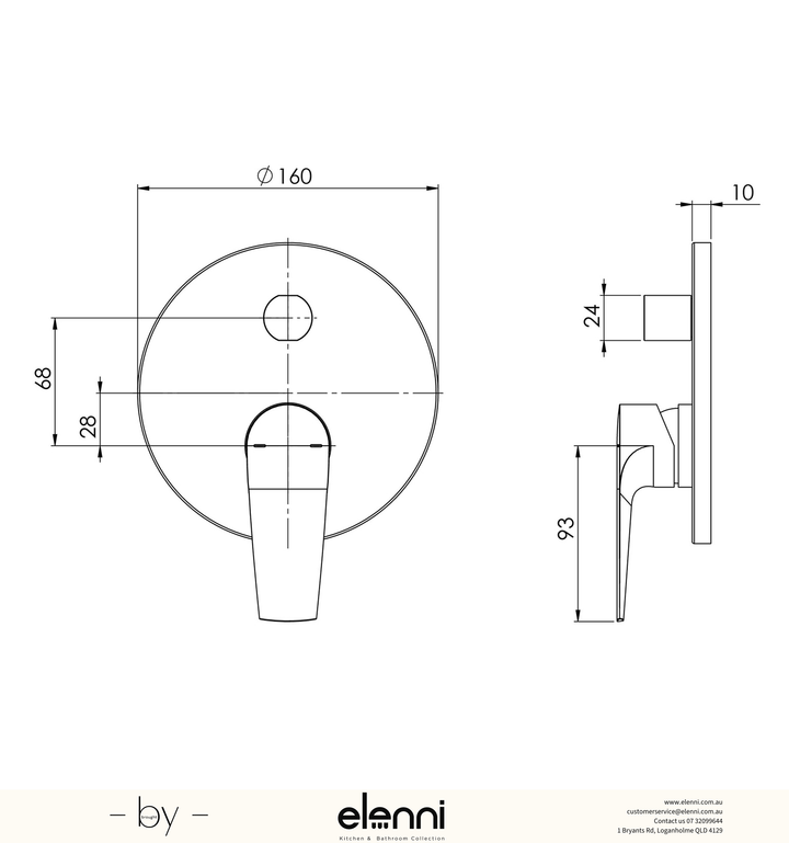 Arlo Shower / Bath Diverter Mixer (Trim Kit Only) - Elenni specification drawing