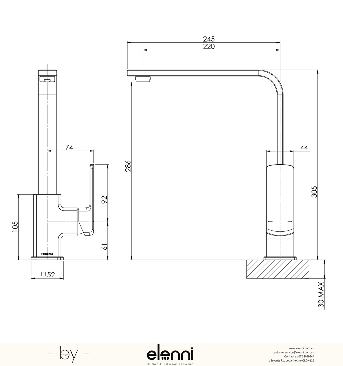 Teva Sink Mixer 200mm Squareline - Lead Free - Elenni specification drawing