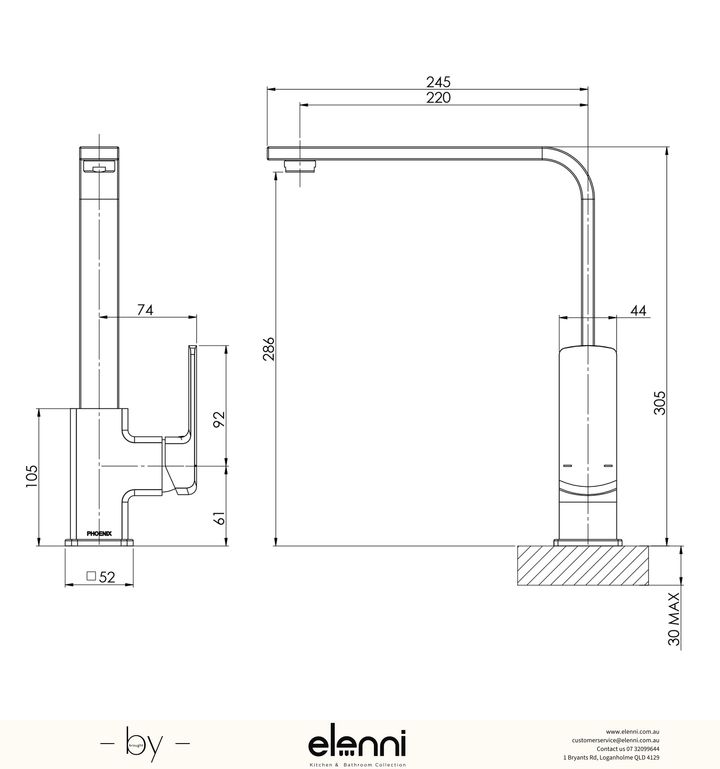 Teva Sink Mixer 200mm Squareline - Lead Free - Elenni specification drawing
