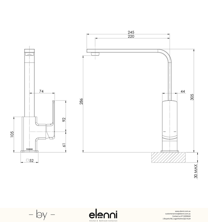 Teva Sink Mixer 200mm Squareline - 6 Star - Lead Free - Elenni specification drawing