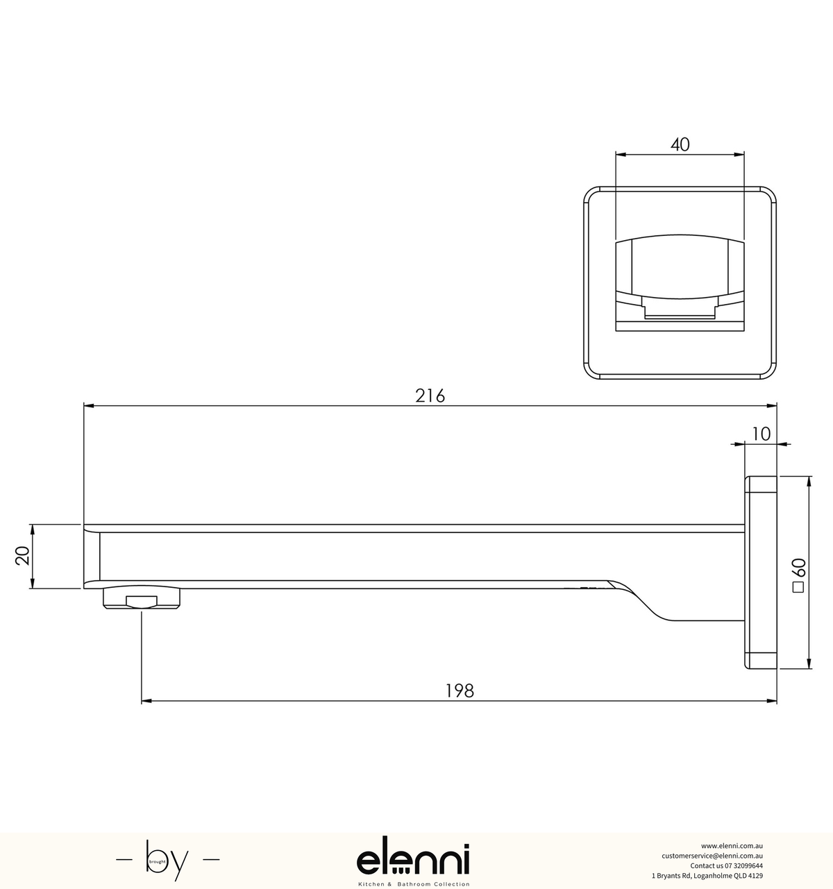 Teva Wall Bath Outlet 200mm - Elenni specification drawing