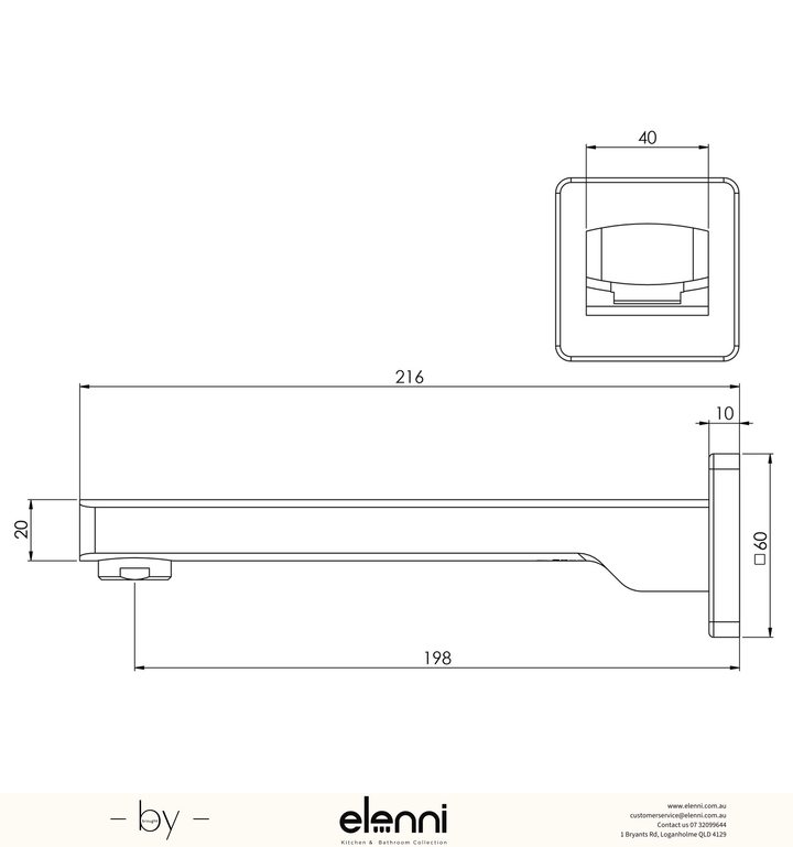 Teva Wall Bath Outlet 200mm - Elenni specification drawing