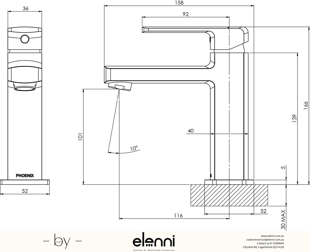 Teva Basin Mixer - 6 Star - Lead Free - Elenni specification drawing