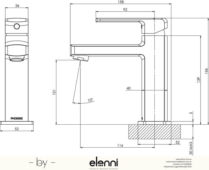 Teva Basin Mixer - 6 Star - Lead Free - Elenni specification drawing