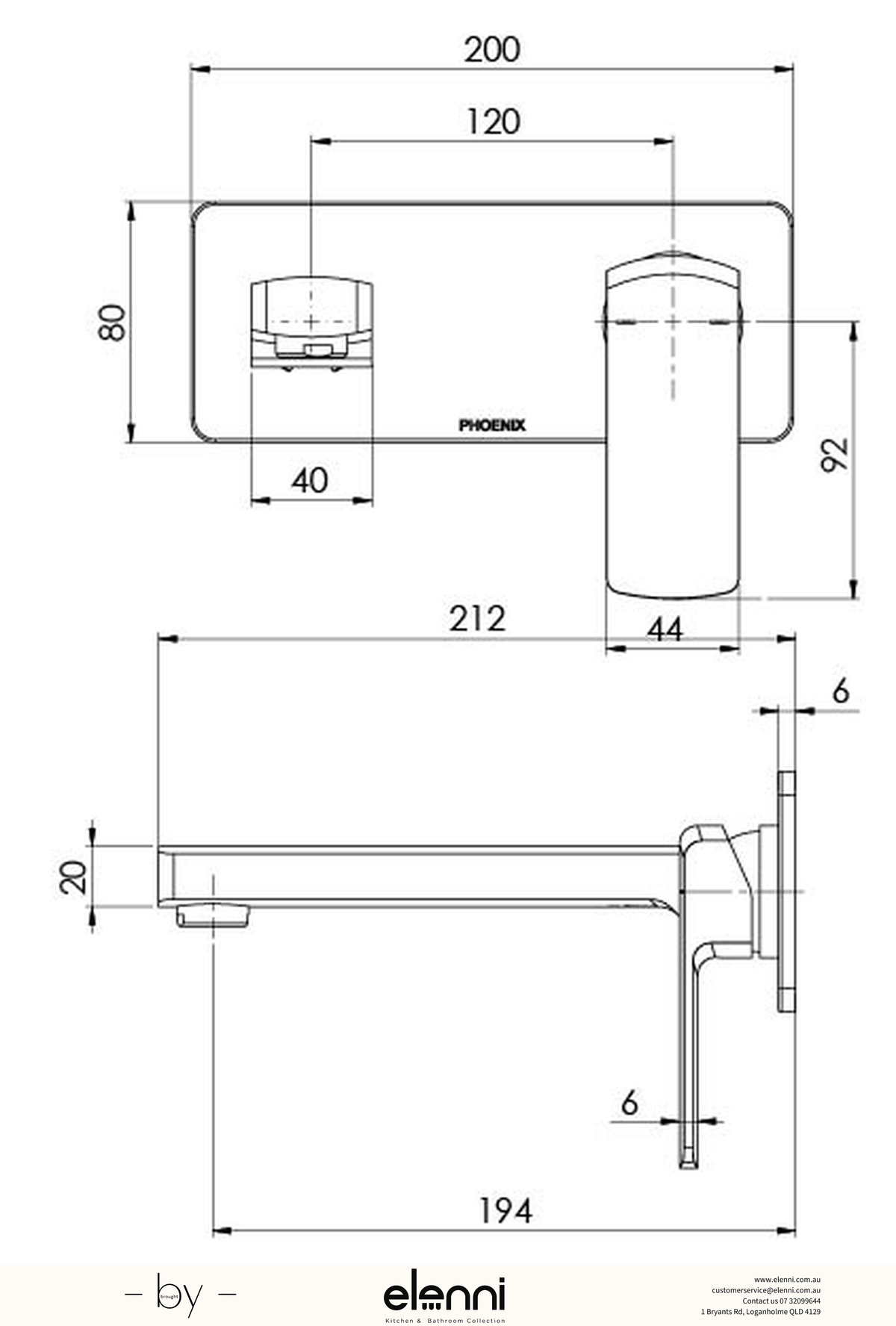 Teva Wall Basin / Bath Mixer Set 200mm (Trim Kit Only) - 6 Star - Lead Free - Elenni specification drawing
