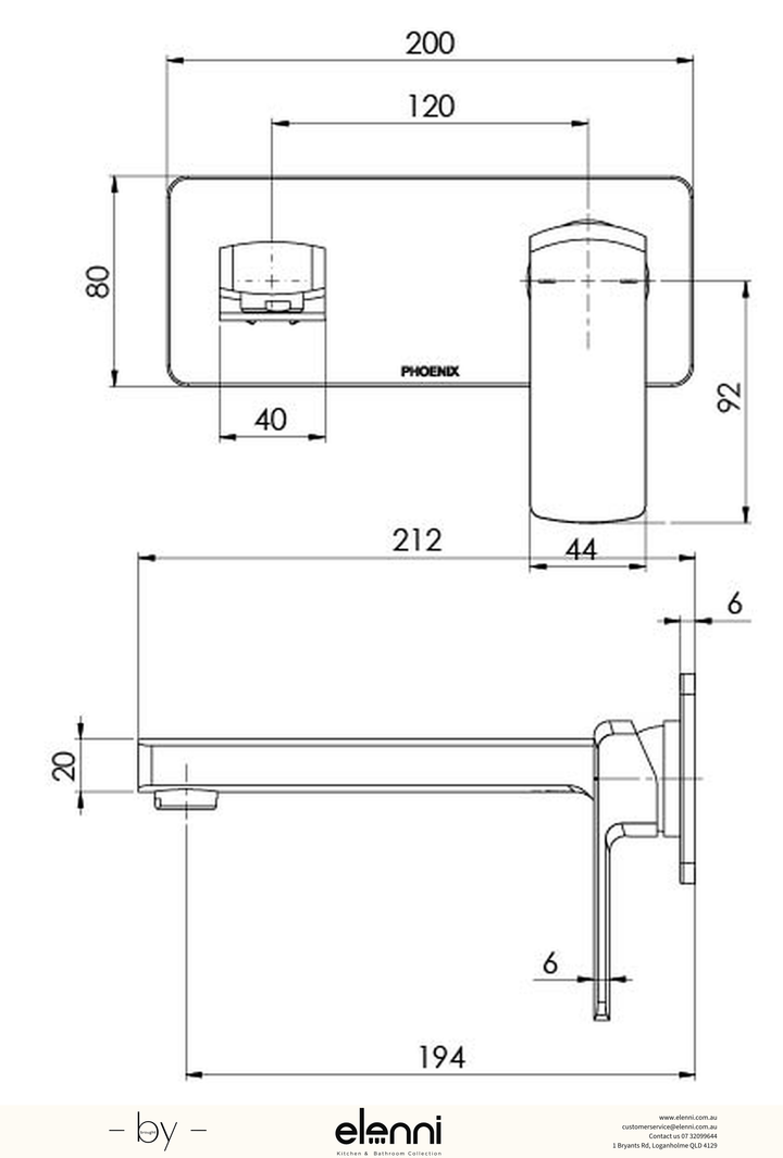 Teva Wall Basin / Bath Mixer Set 200mm (Trim Kit Only) - 6 Star - Lead Free - Elenni specification drawing