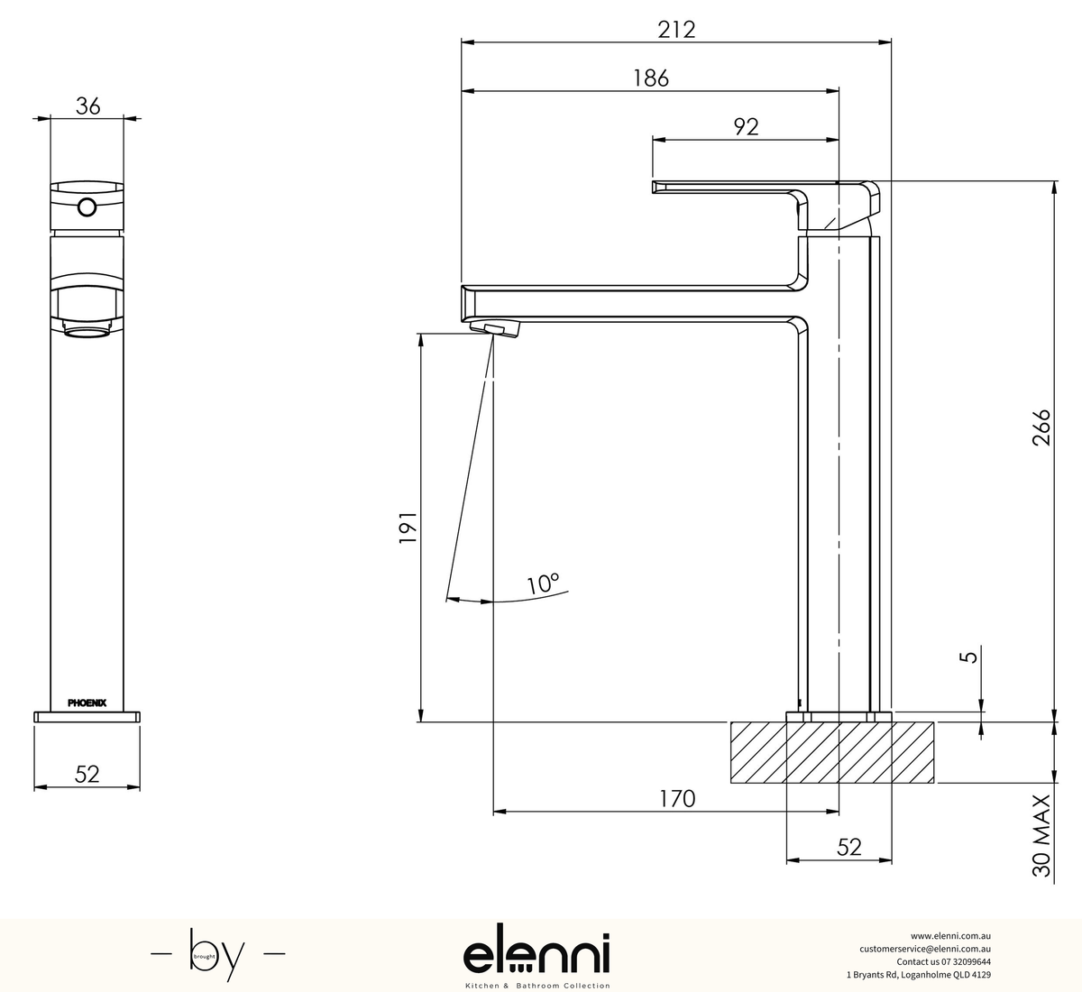 Teva Vessel Mixer - 6 Star - Lead Free - Elenni specification drawing