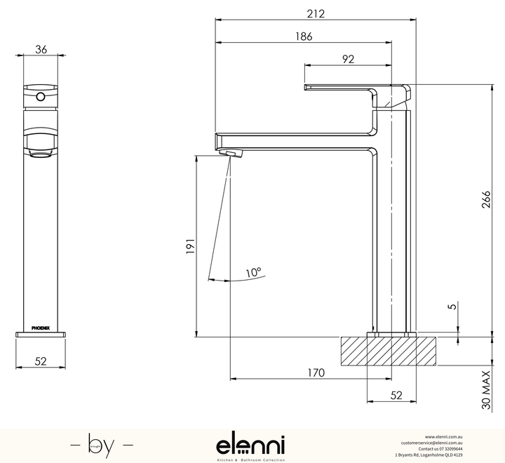 Teva Vessel Mixer - 6 Star - Lead Free - Elenni specification drawing