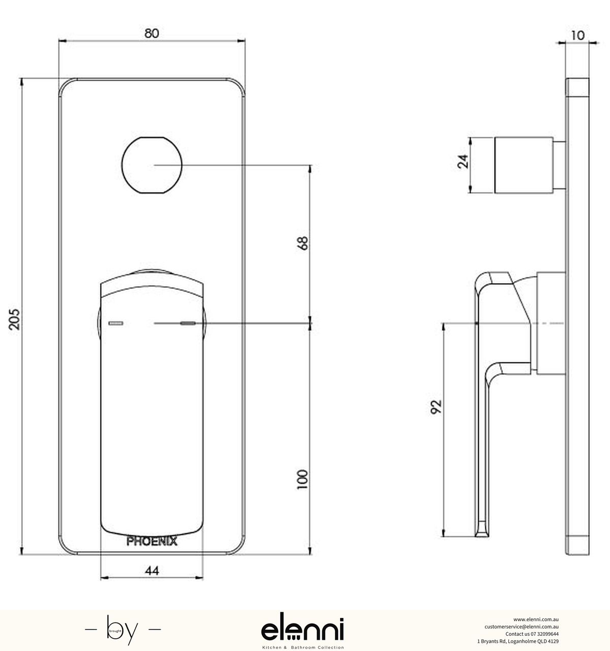 Teva Shower / Bath Diverter Mixer (Trim Kit Only) - Elenni specification drawing