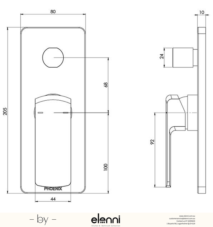 Teva Shower / Bath Diverter Mixer (Trim Kit Only) - Elenni specification drawing