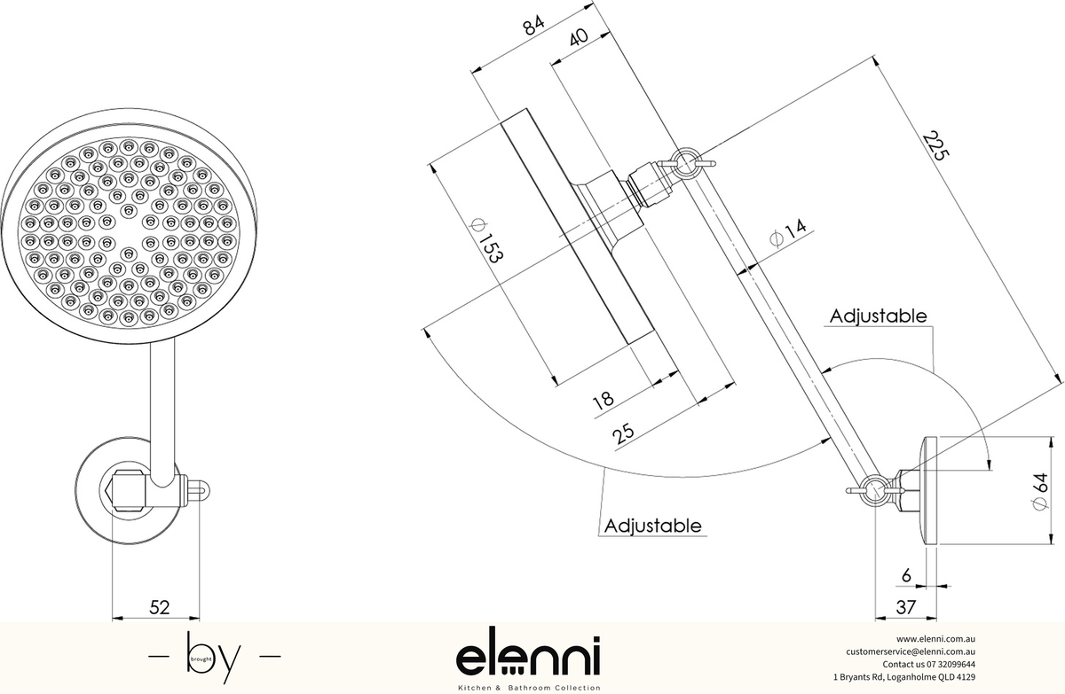 Pina All Directional Shower Arm &amp; 150mm Round Rose - Elenni specification drawing