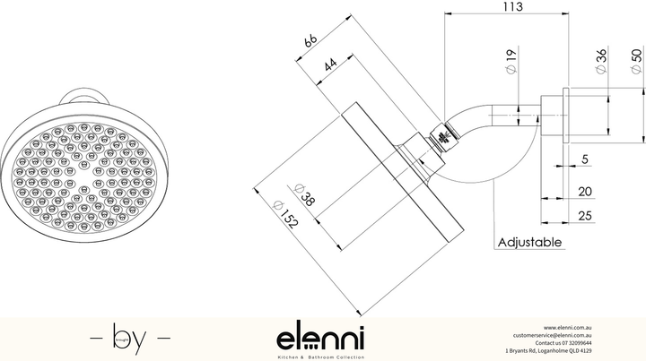 Pina Shower Arm &amp; 150mm Round Rose - Elenni specification drawing