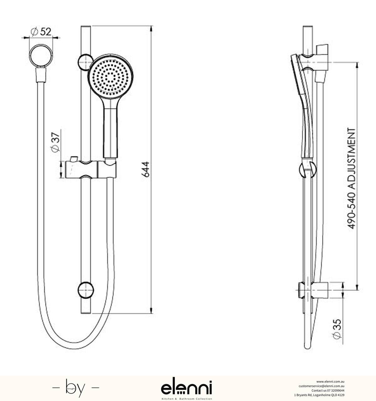 Pina Rail Shower - Elenni specification drawing