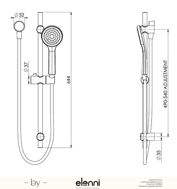 Pina Rail Shower - Elenni specification drawing