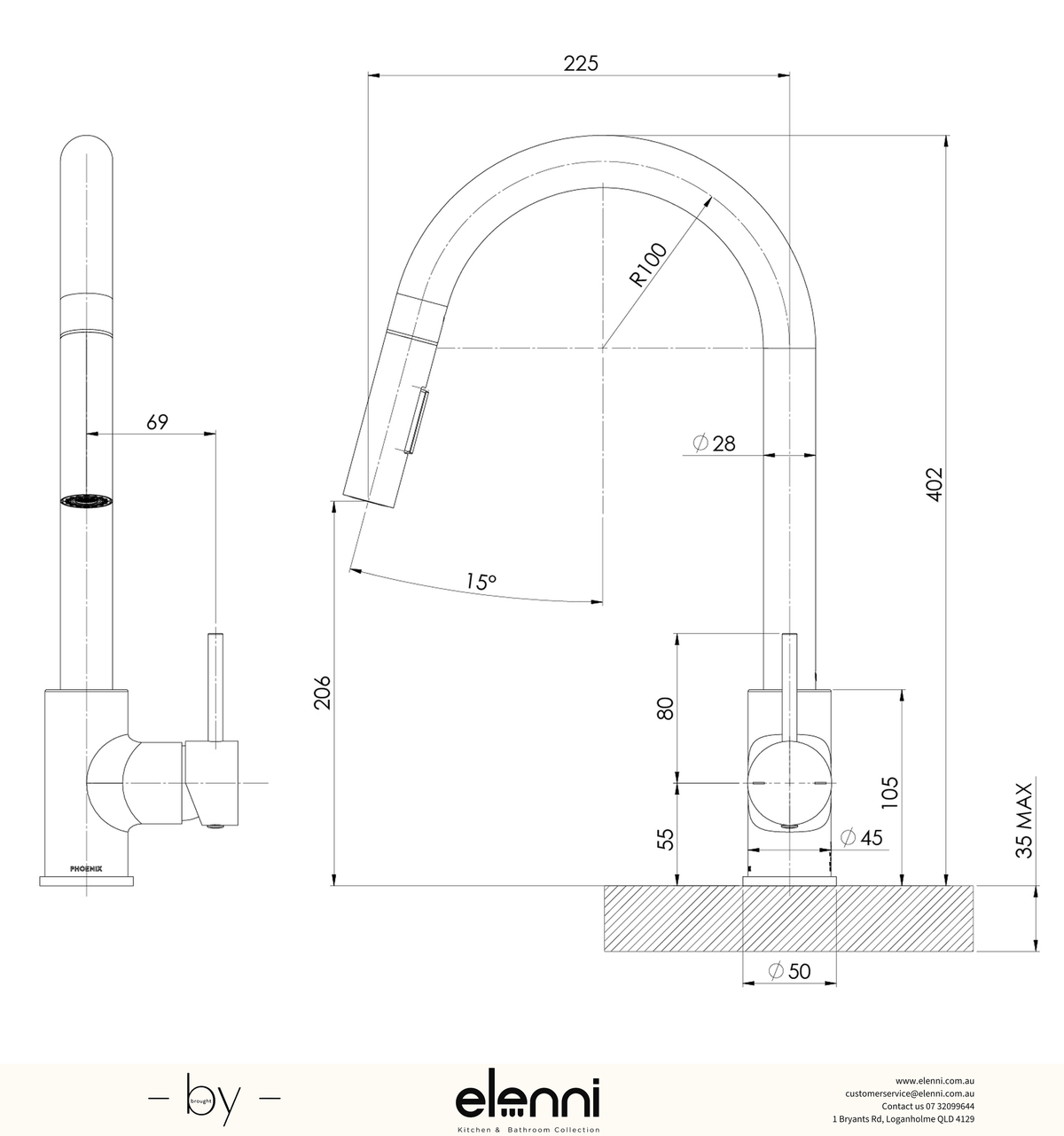 Pina Pull Out Sink Mixer 230mm - Lead Free - Elenni specification drawing