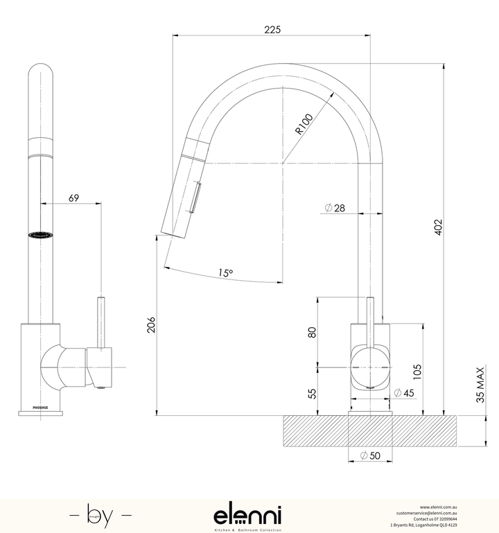 Pina Pull Out Sink Mixer 230mm - Lead Free - Elenni specification drawing