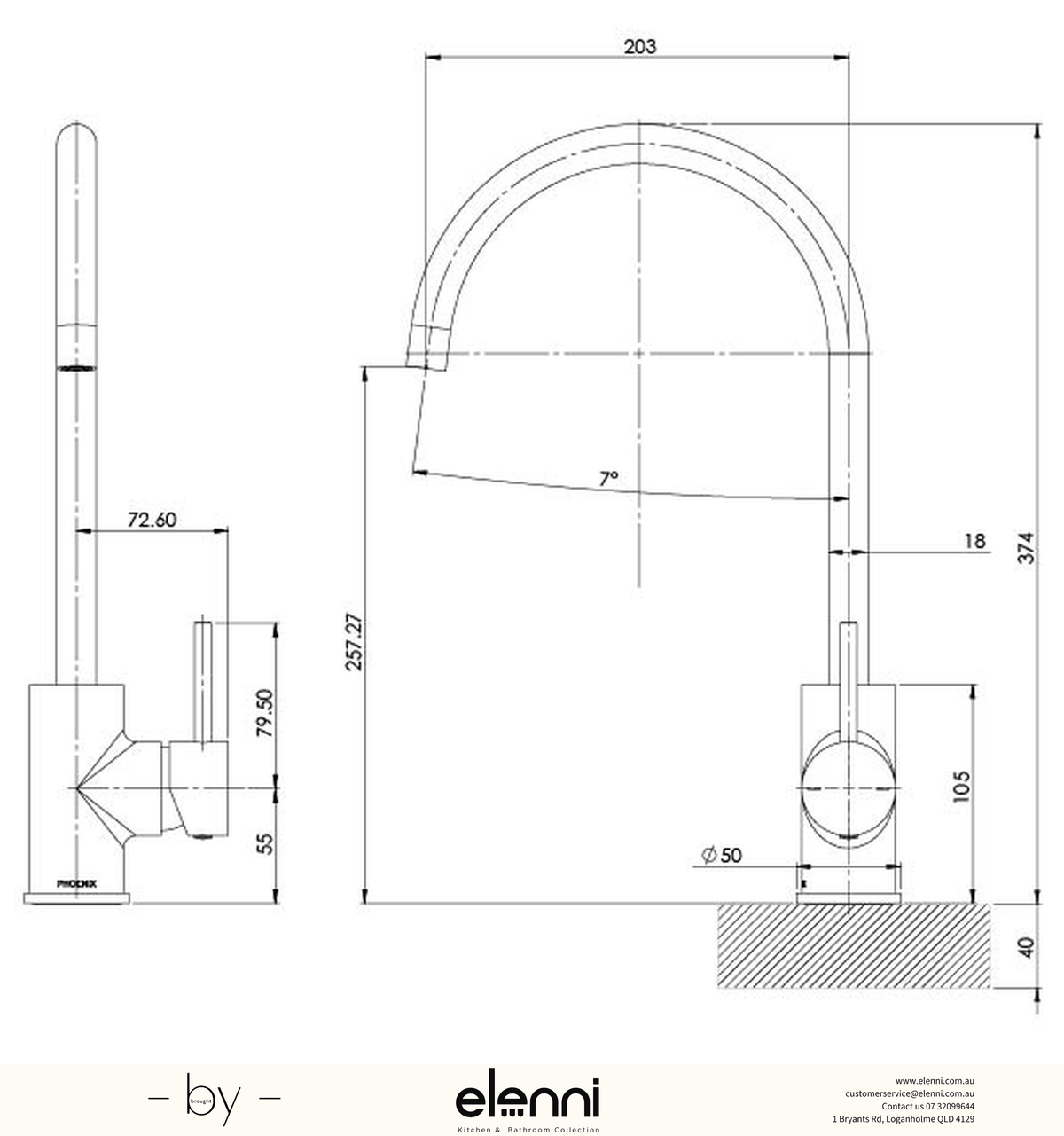 Pina Sink Mixer 200mm Gooseneck - Lead Free - Elenni specification drawing