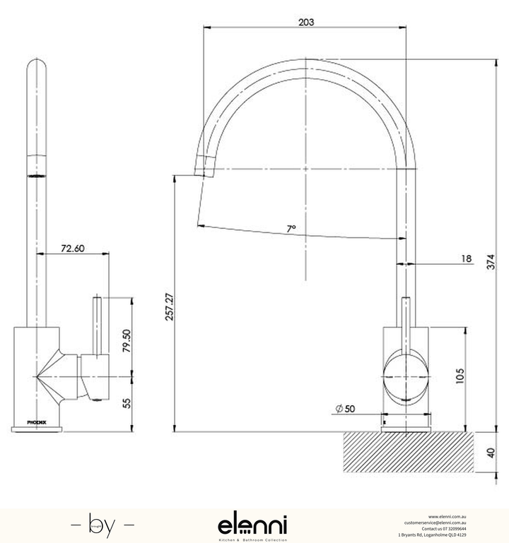 Pina Sink Mixer 200mm Gooseneck - 6 Star - Lead Free - Elenni specification drawing