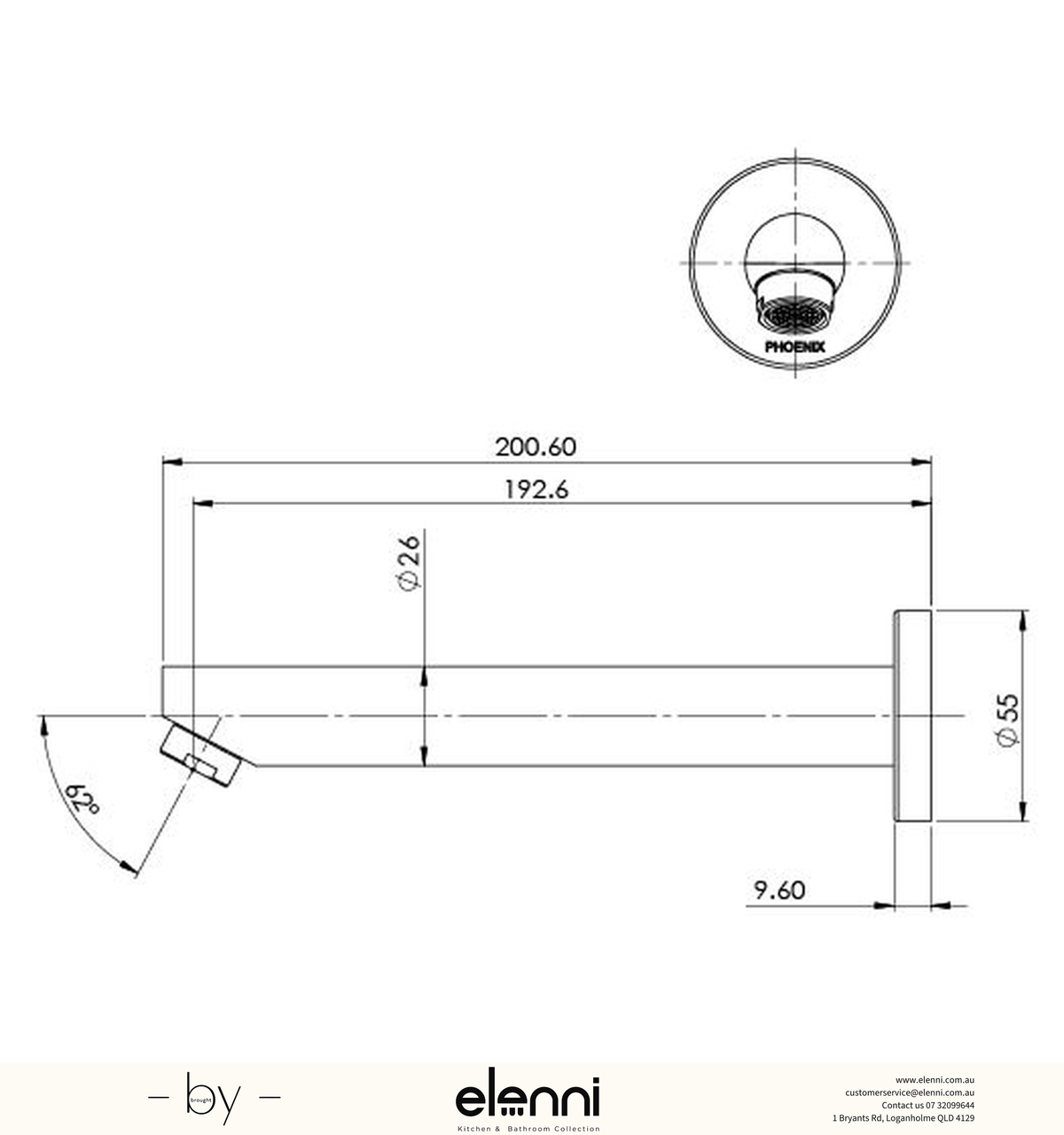 Pina Wall Bath Outlet 180mm - Elenni specification drawing