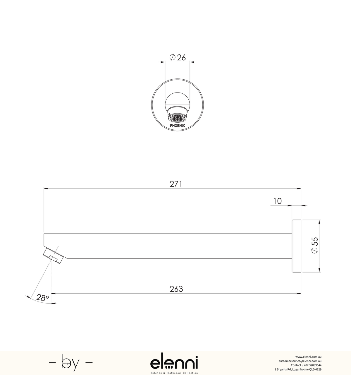 Pina Wall Bath Outlet 250mm - Elenni specification drawing