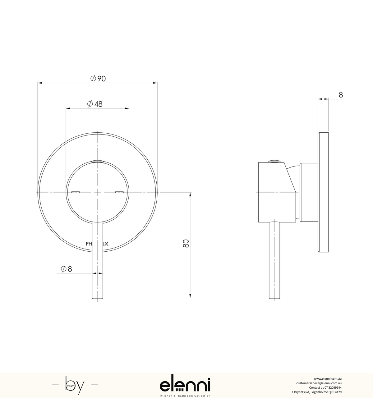 Pina Shower / Wall Mixer 90mm (Trim Kit Only) - Elenni specification drawing