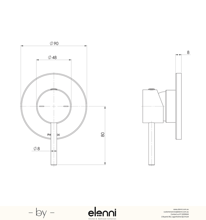 Pina Shower / Wall Mixer 90mm (Trim Kit Only) - Elenni specification drawing