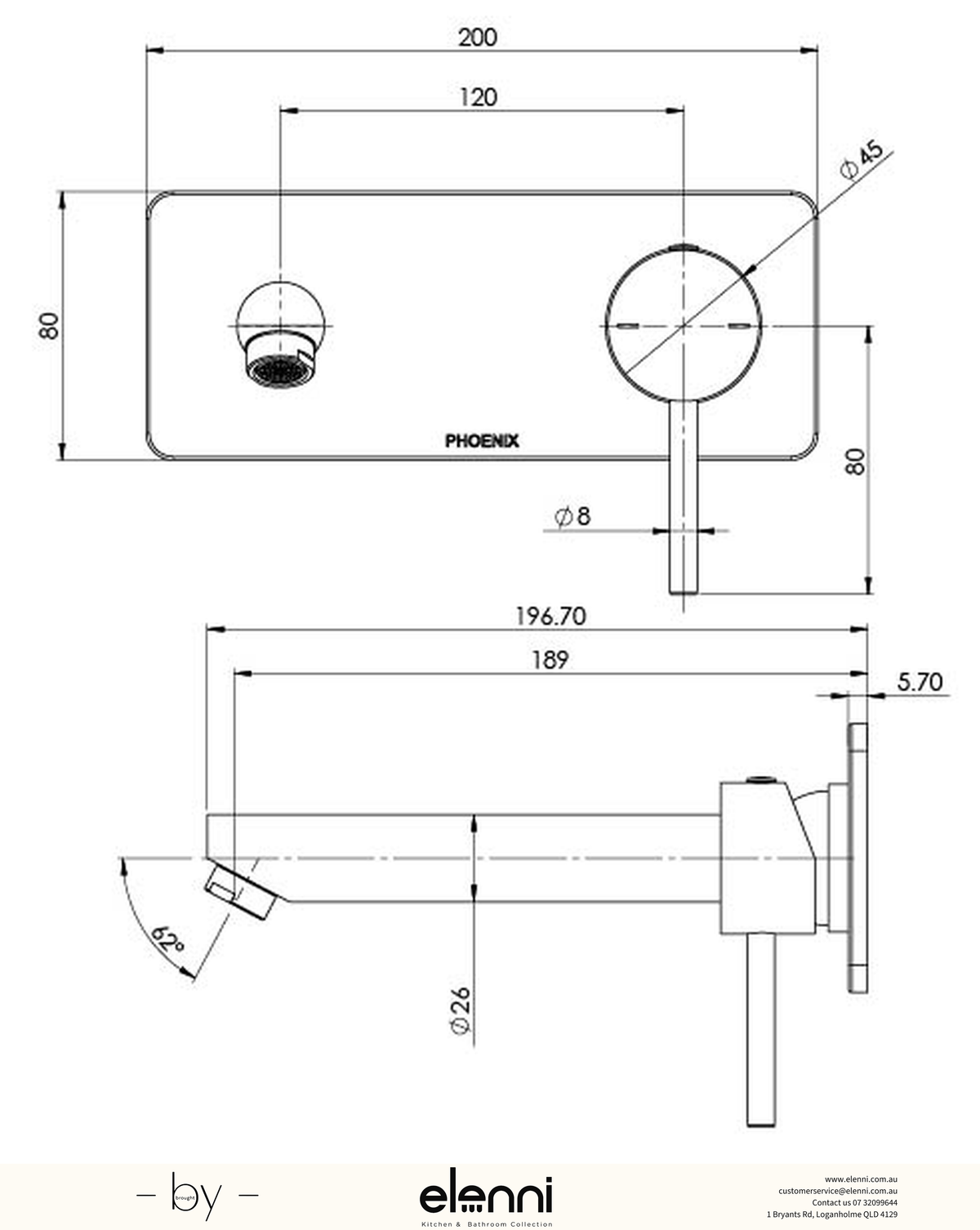 Pina Wall Basin / Bath Mixer Set 180mm (Trim Kit Only) - 6 Star - Lead Free - Elenni specification drawing