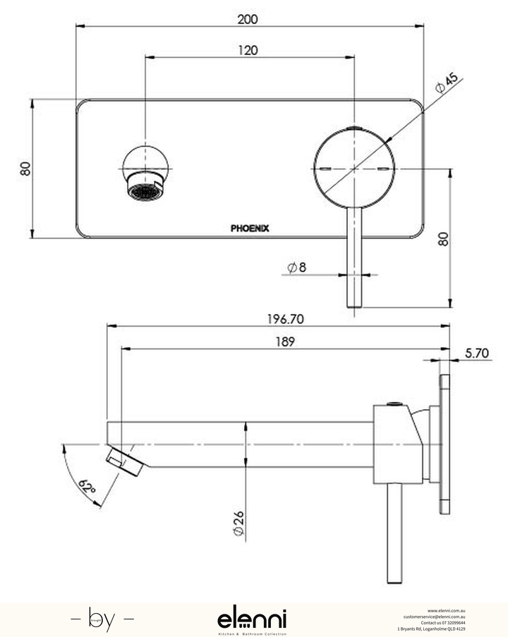 Pina Wall Basin / Bath Mixer Set 180mm (Trim Kit Only) - 6 Star - Lead Free - Elenni specification drawing