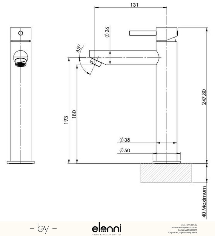 Pina Vessel Mixer - 6 Star - Lead Free - Elenni specification drawing