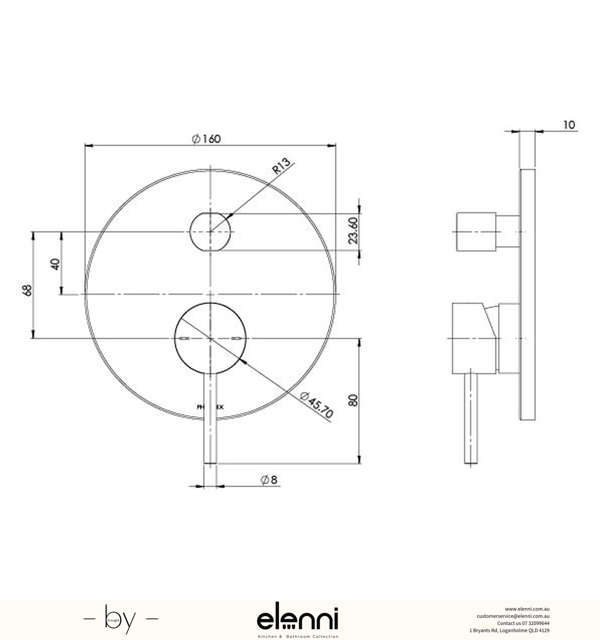 Pina Shower / Bath Diverter Mixer (Trim Kit Only) - Elenni specification drawing