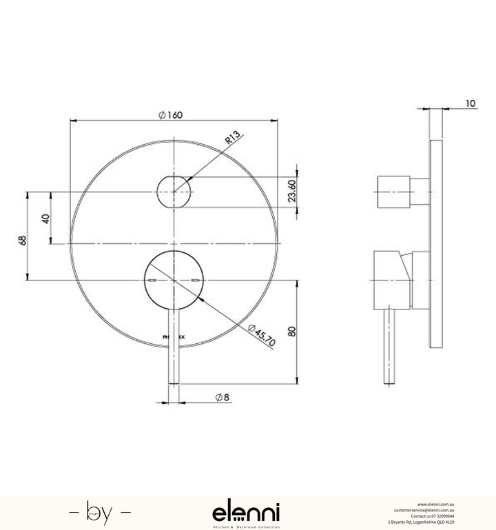 Pina Shower / Bath Diverter Mixer (Trim Kit Only) - Elenni specification drawing