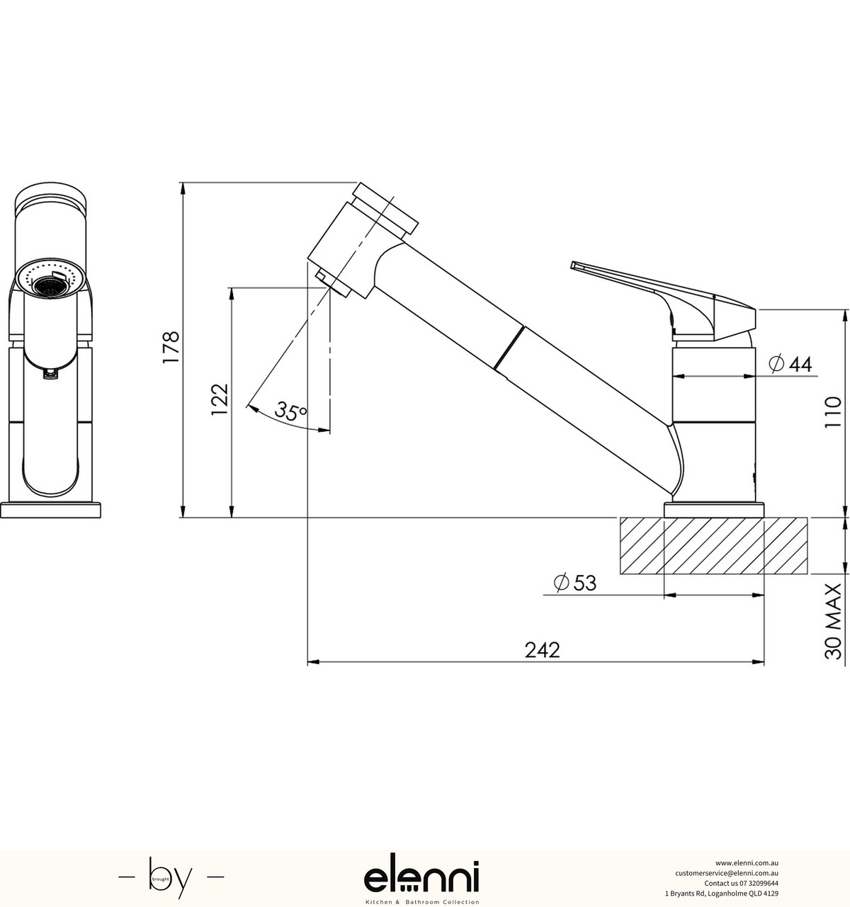 Ivy MKII Pull Out Sink Mixer - Lead Free - Elenni specification drawing