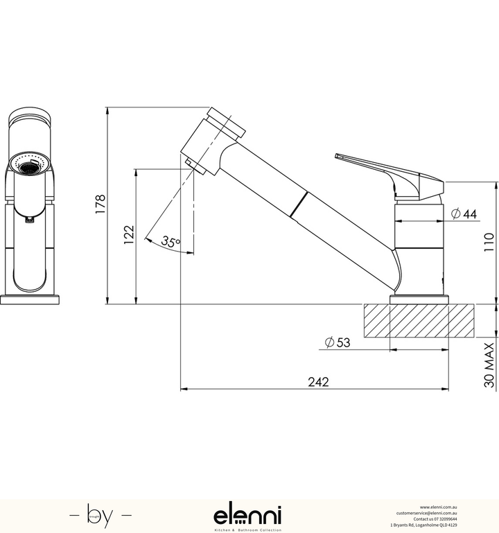 Ivy MKII Pull Out Sink Mixer - 6 Star - Lead Free - Elenni specification drawing