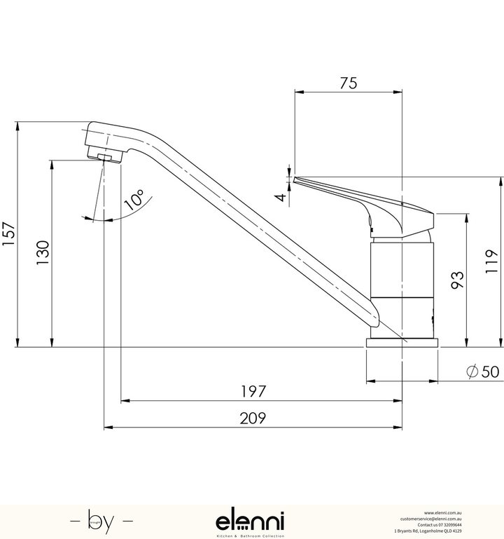 Ivy MKII Swivel Sink Mixer - Lead Free - Elenni specification drawing
