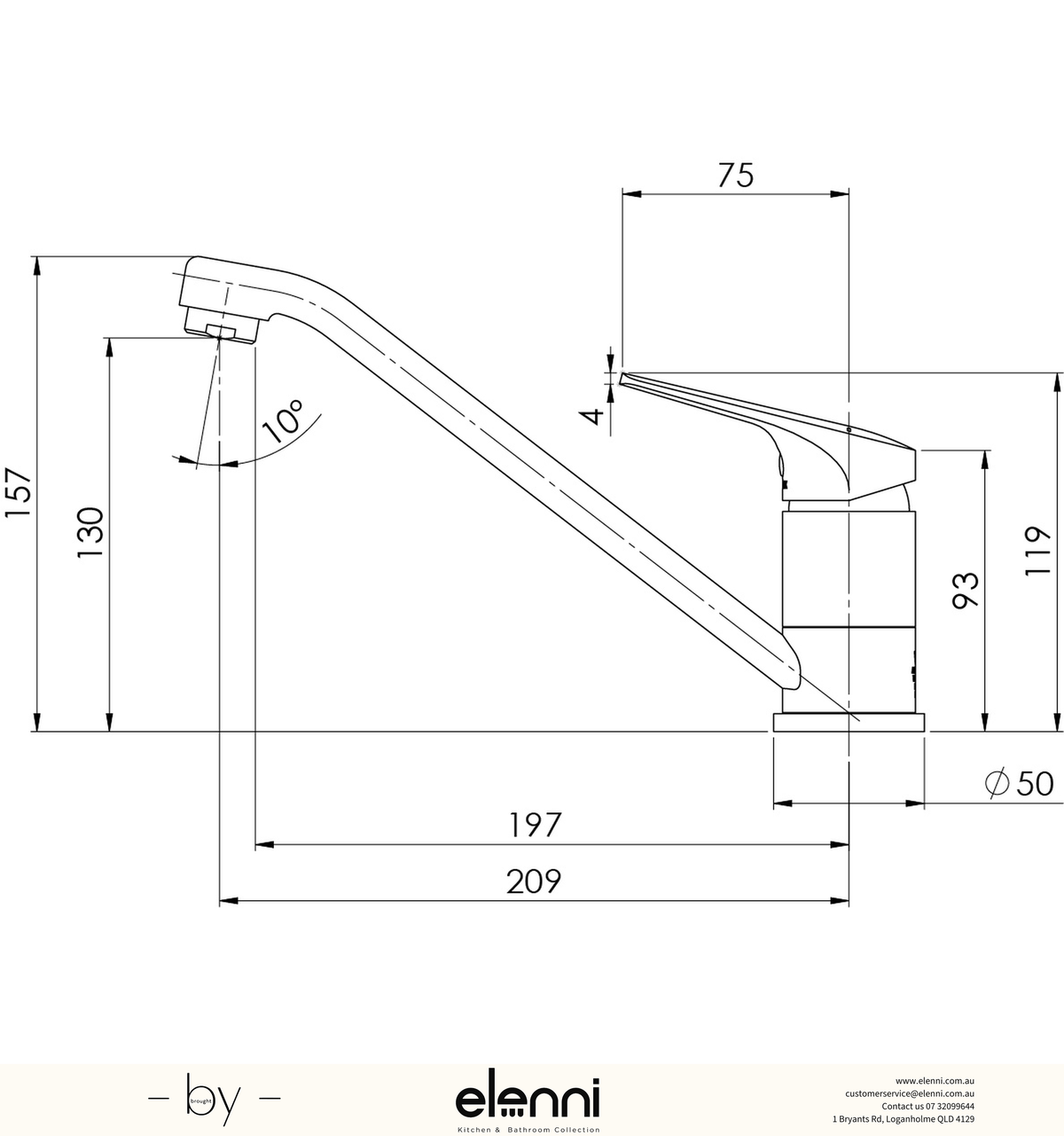 Ivy MKII Swivel Sink Mixer - 6 Star - Lead Free - Elenni specification drawing