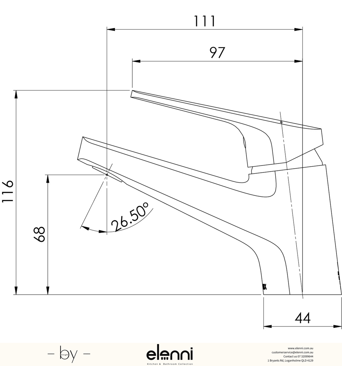 Ivy MKII Fixed Basin Mixer - 6 Star - Lead Free - Elenni specification drawing
