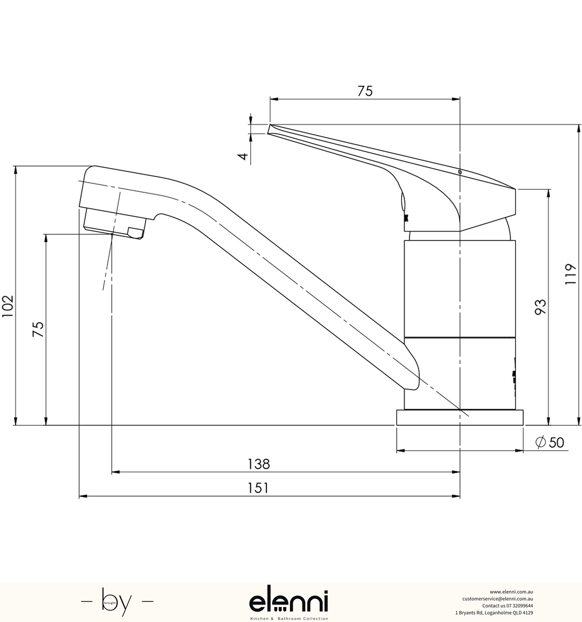 Ivy MKII Swivel Basin Mixer - 6 Star - Lead Free - Elenni specification drawing
