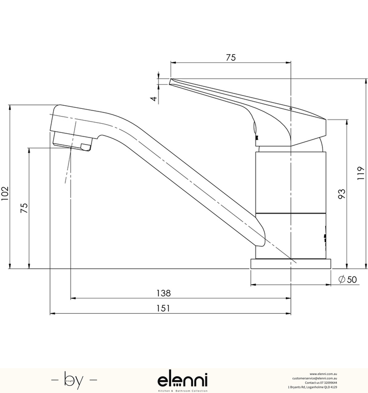 Ivy MKII Swivel Basin Mixer - 6 Star - Lead Free - Elenni specification drawing