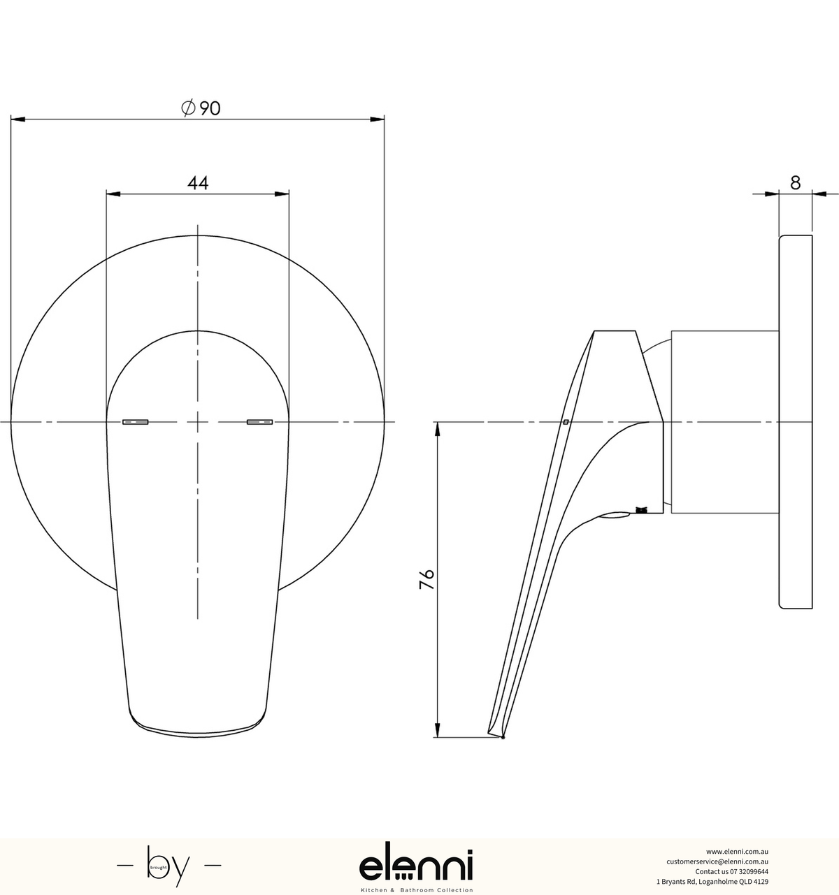 Ivy MKII Shower / Wall Mixer (Trim Kit Only) - Elenni specification drawing