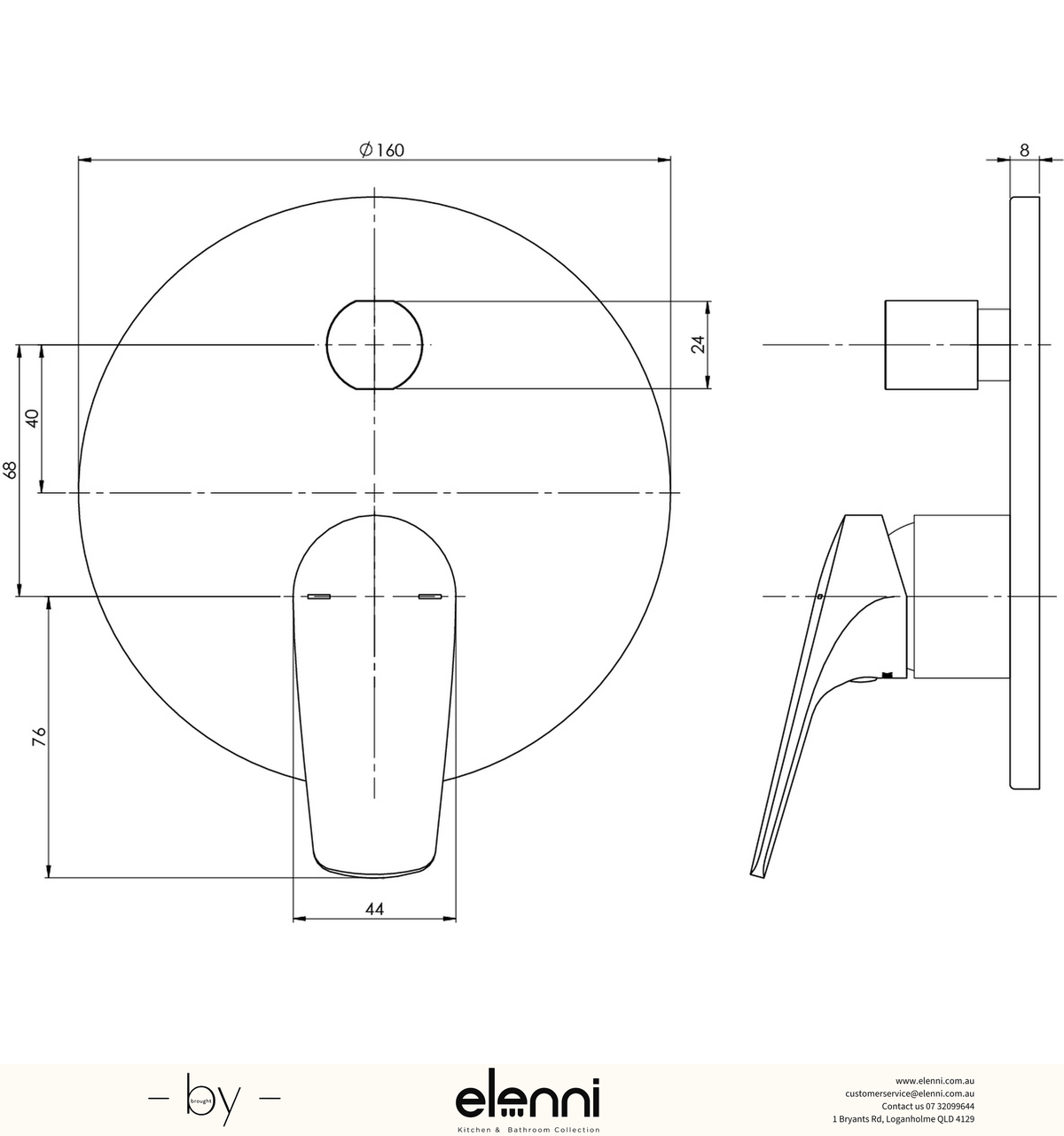 Ivy MKII Shower / Bath Diverter Mixer (Trim Kit Only) - Elenni specification drawing