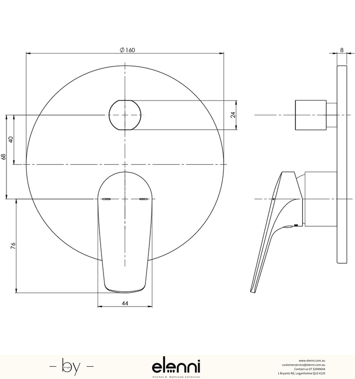 Ivy MKII Shower / Bath Diverter Mixer (Trim Kit Only) - Elenni specification drawing